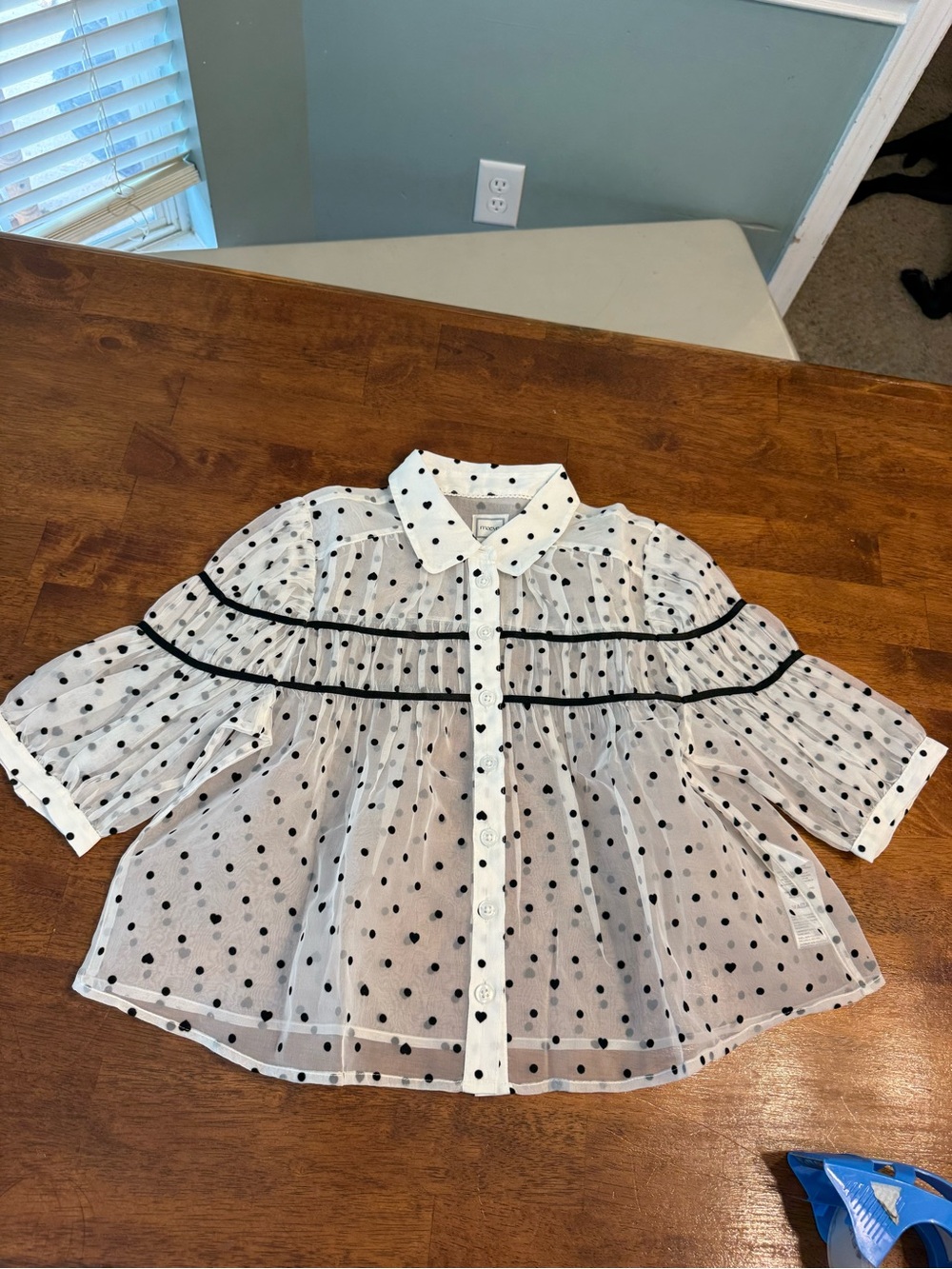 Anthropologie Maeve The Leandra Shirred Yoke Blouse Sheer Polka Dot Heart Small